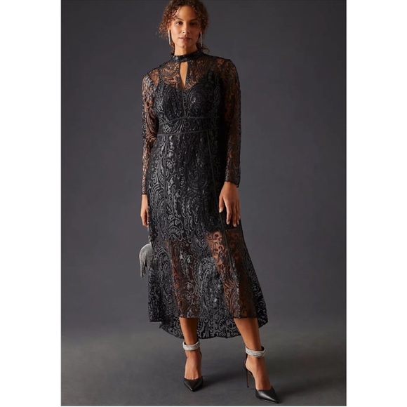 Anthropologie | Dresses | Anthropologie Sheer Laser Cut Black Dress |  Poshmark